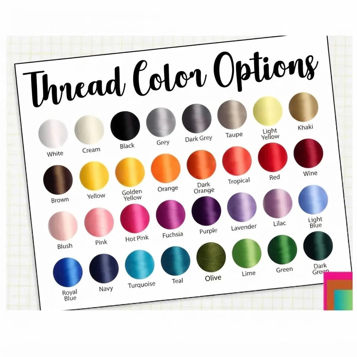 Thread colour chart with thirty-two embroidery thread colours