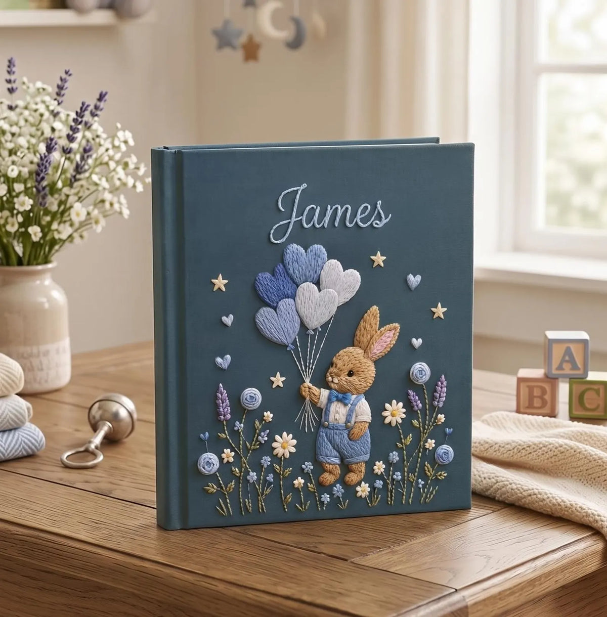 A dark blue hardcover book with a rabbit in blue overalls holding balloons — hand-embroidered by The Thread Nest