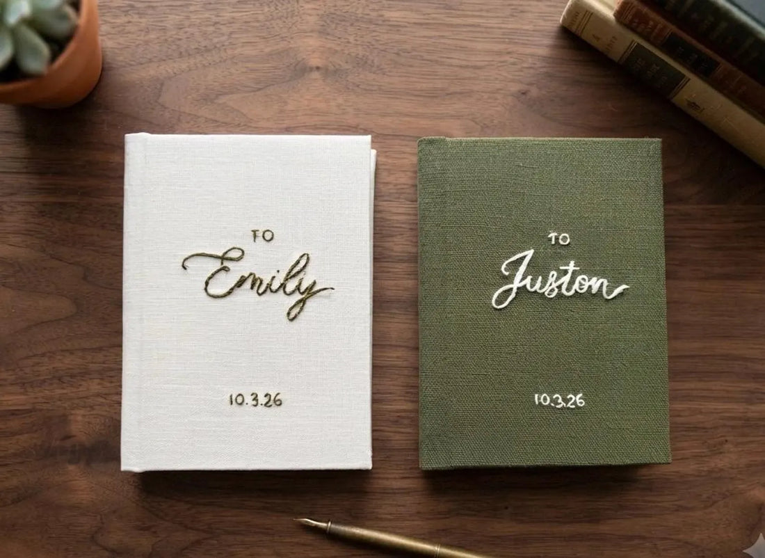 To… Vow Book with Date by The Thread Nest, hand-embroidered linen cover, photo 1