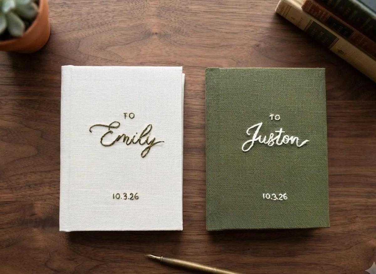 To… Vow Book with Date by The Thread Nest, hand-embroidered linen cover, photo 2