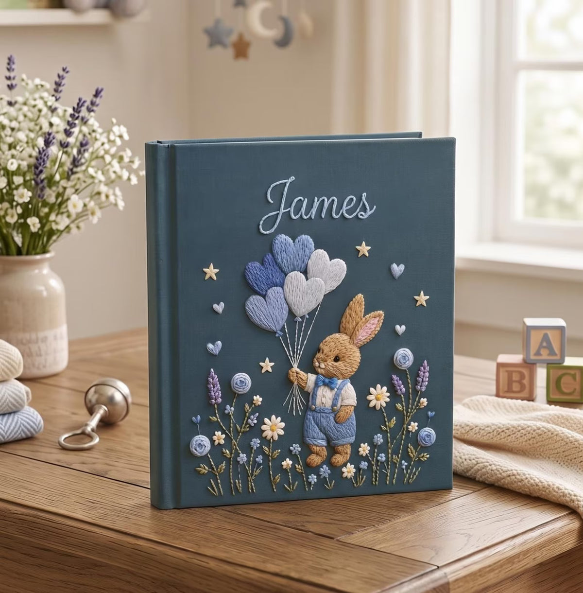 A dark blue hardcover book with a rabbit in blue overalls holding balloons — hand-embroidered by The Thread Nest