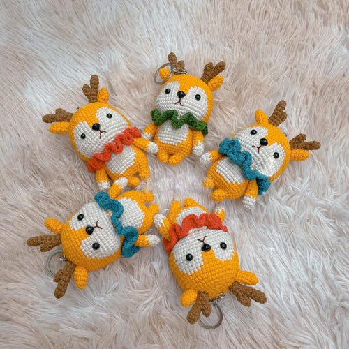 Handmade crochet reindeer keychain charm in cotton yarn