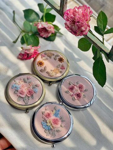 Hand Embroidered Compact Mirror Botanical Leaf Design • Wholesale Available