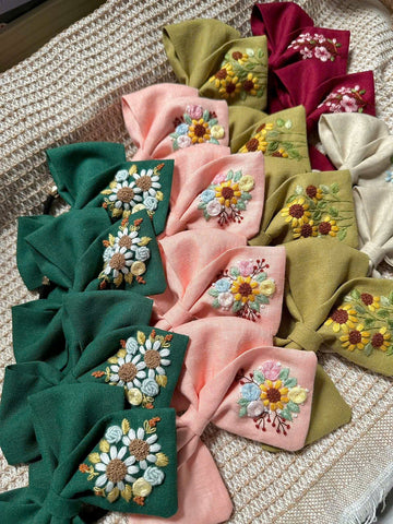 Hand Embroidered Hair Tie Bow Floral Scrunchie with Ribbon • Wholesale Available