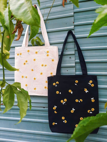Hand Embroidered Tote Bag Daisy Floral Linen Design • Wholesale Available