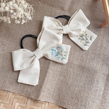 Embroidered Hair Tie Bow Floral Linen Barrette • Wholesale Ready