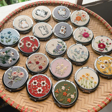 Hand Embroidered Compact Mirror Wildflower Garden Design • Wholesale Available