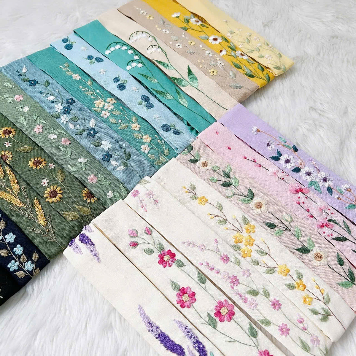 Linen headband with raised flowers, another view