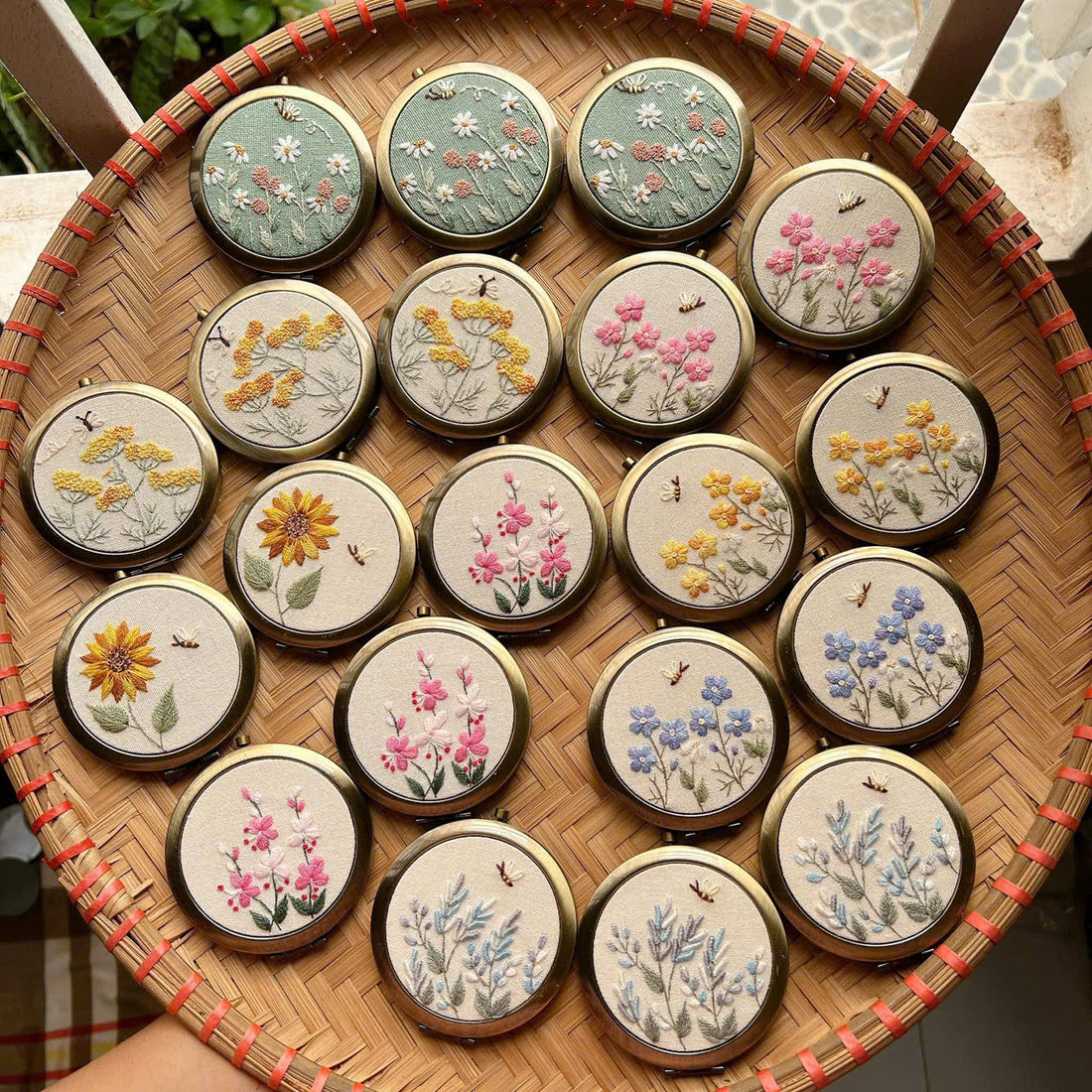 Hand Embroidered Compact Mirror Wildflower Garden Design • Wholesale Available