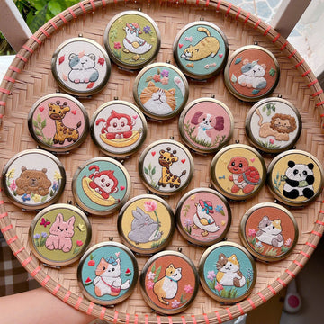 Hand Embroidered Animal Compact Mirror Cute Linen Design • Wholesale Available