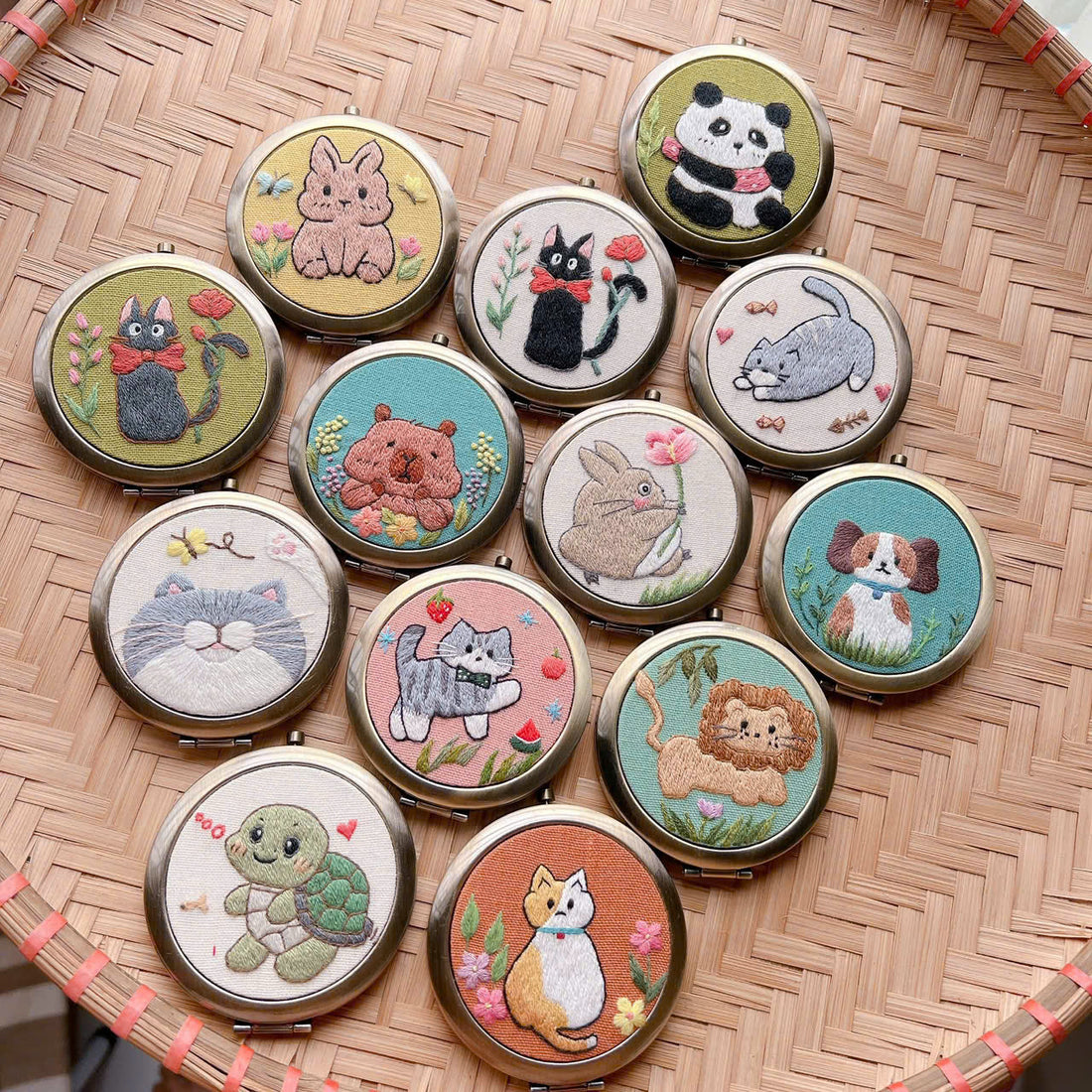 Hand Embroidered Animal Compact Mirror Cute Linen Design • Wholesale Available