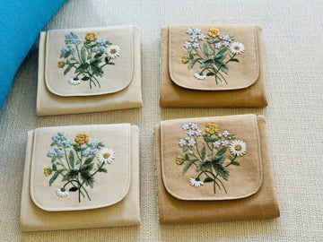 Hand Embroidered Coin Purse Floral Linen Pouch • Wholesale Available
