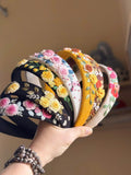Hand-stitched padded headband, close view