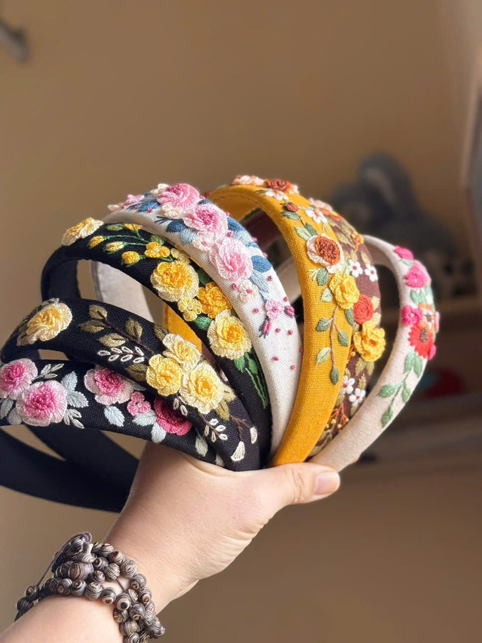 Hand-stitched padded headband, close view