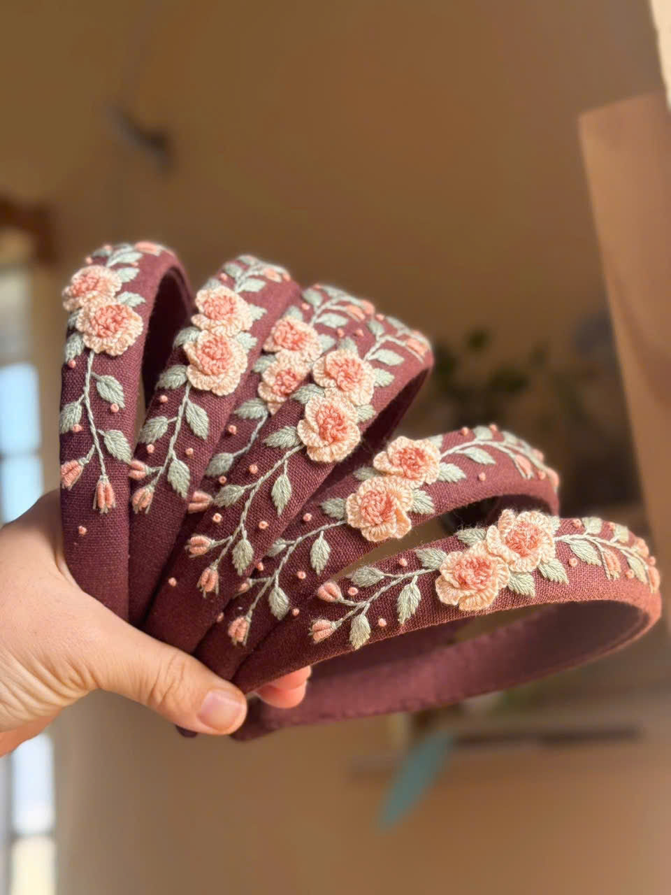 Linen padded hair band with embroidery, another view